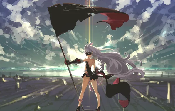 The sky, girl, clouds, light, sunset, smile, anime, flag