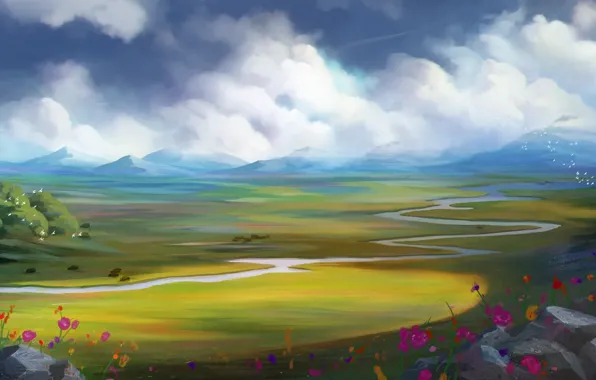 Clouds, flowers, birds, river, art, painted landscape