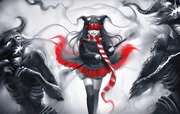 Picture red, art, monsters, girl, hearts, horns, black and white, undead