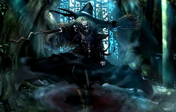 Girl, trees, smoke, hat, art, witch, broom, touhou