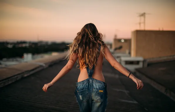 Girl, dusk, hair, back, roof, arms