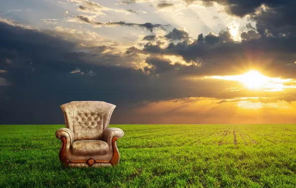 Picture field, grass, dawn, chair