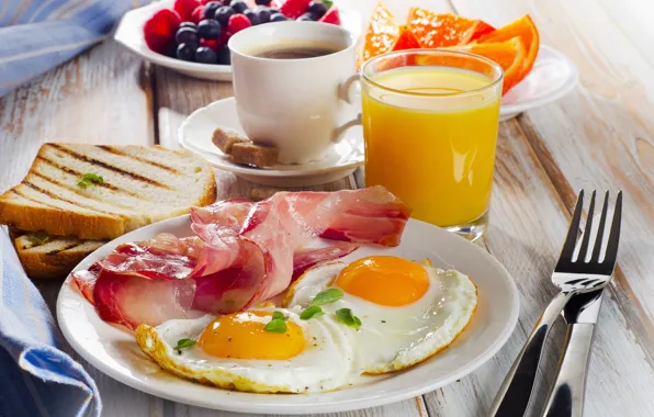 Picture berries, coffee, orange, food, Breakfast, bread, orange juice, bacon and eggs
