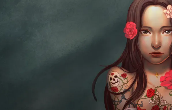 Girl, sake, rose, long hair, minimalism, brown eyes, flowers, tattoo