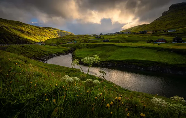 Greens, clouds, flowers, mountains, river, hills, shore, village