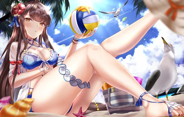 Beach, Girl, The ball, Summer, Anime, houchi shoujo