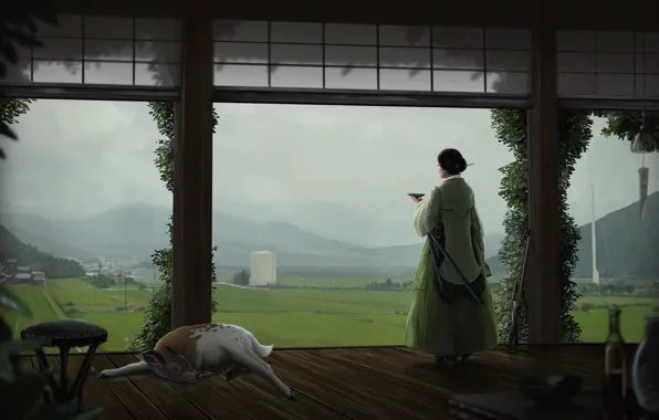 Girl, Japan, House, Rain, Girl, House, Japan, Landscape