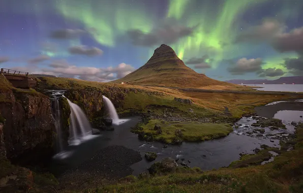 The sky, stones, rocks, shore, mountain, Northern lights, the volcano, waterfalls