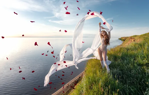 The sky, grass, clouds, pose, lake, shore, grass, sky