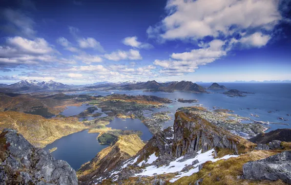 Picture sea, the sky, clouds, snow, mountains, rocks, island