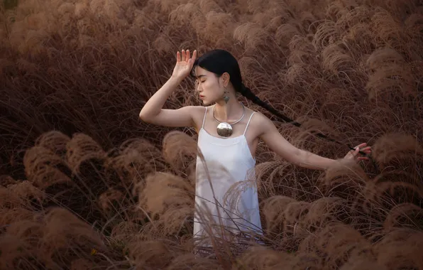 Girl, nature, pose, hands, brunette, spikelets, braid, decoration