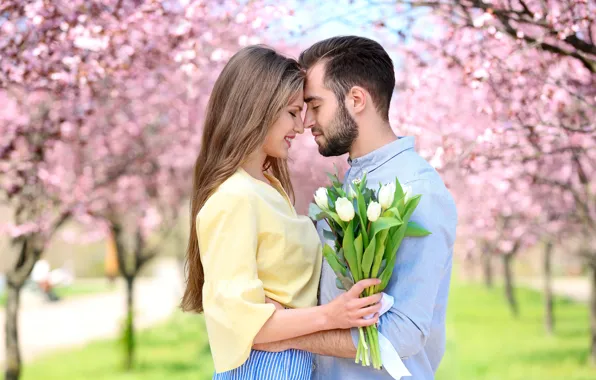 Picture girl, trees, flowers, Park, bouquet, spring, pair, tulips