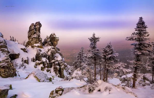 Winter, snow, trees, landscape, mountains, nature, rocks, Ural