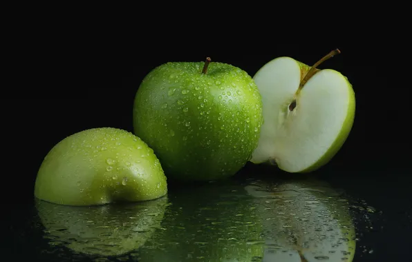 Drops, macro, green, apples, fruit, halves