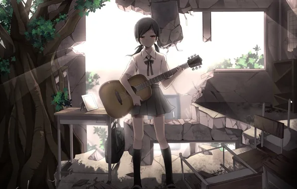 Girl, light, trees, guitar, chairs, anime, tears, art