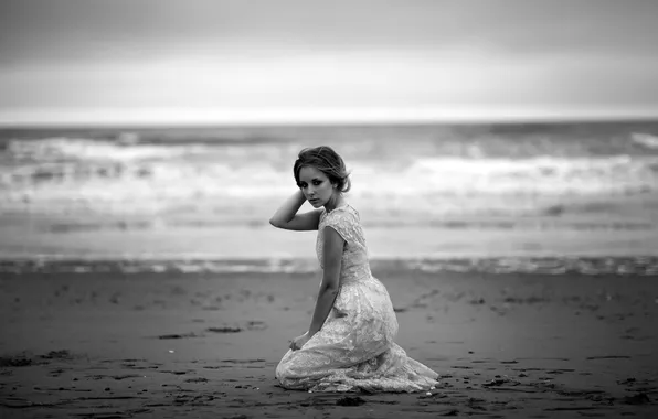 Sand, wave, beach, girl, dress