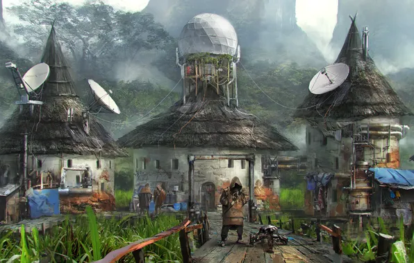 Mountains, village, cyberpunk, campsite big