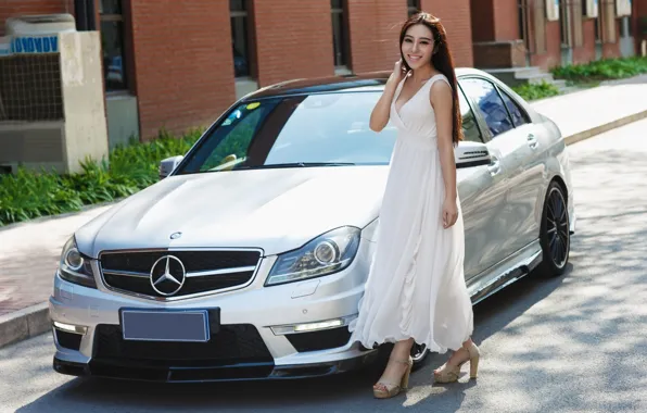 Look, Girls, Mercedes, Asian, beautiful girl, white car