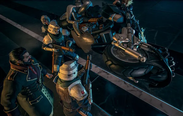 Weapons, people, motorcycle, soldiers, Cloud, Final Fantasy VII Remake