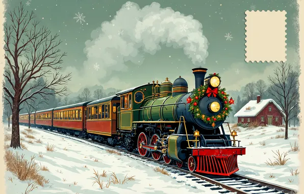 Winter, the sky, snow, snowflakes, branches, smoke, figure, train