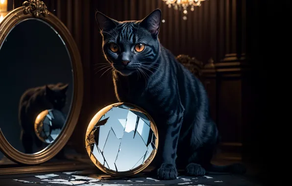 Cat, fragments, ball, mirror