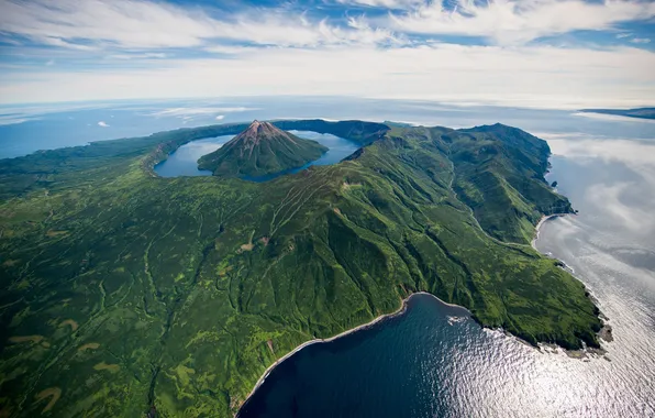 Picture landscape, nature, lake, islands, volcano, Kuril islands