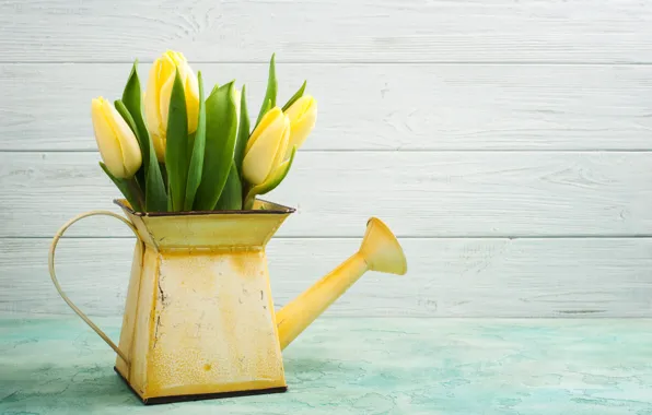 Flowers, bouquet, spring, yellow, tulips, lake, decor, THE OFF