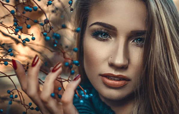 Look, branches, face, berries, mood, portrait, lipstick, fingers