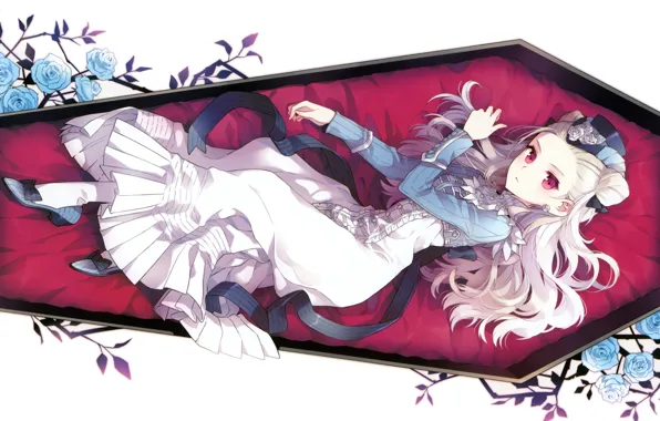 Dress, white background, hat, the coffin, red eyes, blue roses, visual novel, vampire