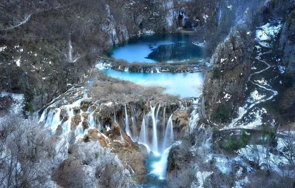 Picture lake, rocks, waterfall, The Republic Of Croatia, national park, Plitvice Lakes