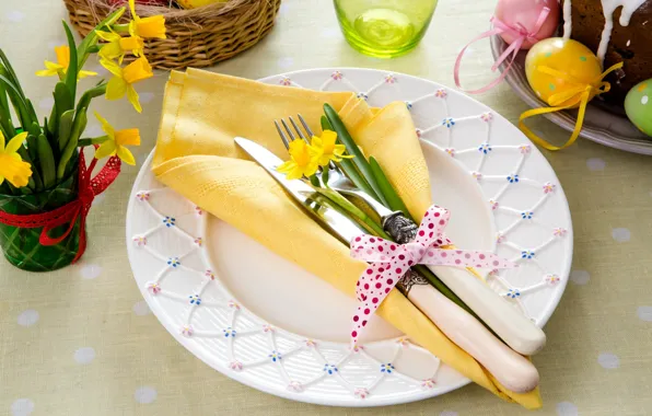 Easter, knife, plug, daffodils, eggs, serving, swipe