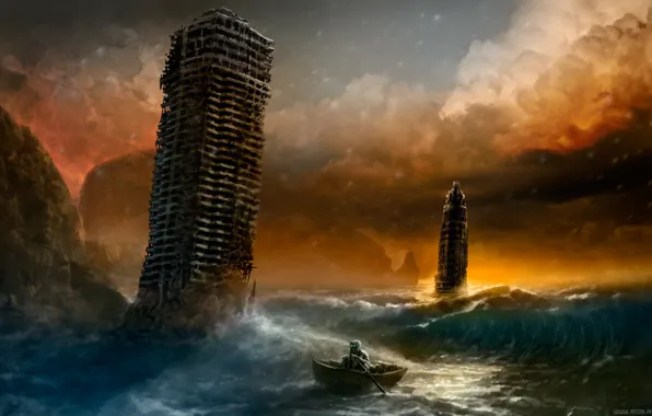 Picture sea, wave, boat, building, art, gas mask, ruins, romance of the Apocalypse
