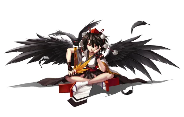 Picture look, girl, background, wings, Raven, sitting, touhou, art