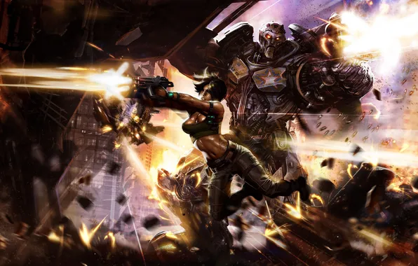 Fire, jump, robot, Girl, explosions, battle, shots