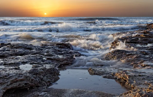 Wave, the ocean, rocks, The sun, morning, Miramar