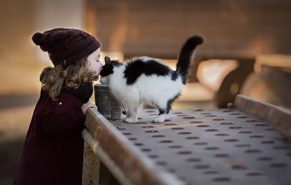 Picture kiss, friendship, girl, kitty, friends, curls, cap, curls