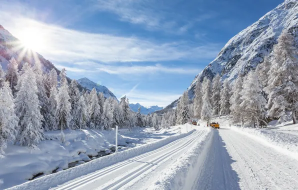 Picture winter, road, the sun, snow, machine, tree, hills