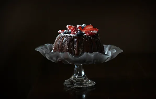 Berries, the dark background, table, the sweetness, food, strawberry, cake, cake