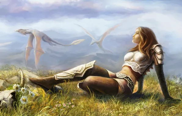 Girl, mountains, fantasy, mood, dragon, picture, warrior