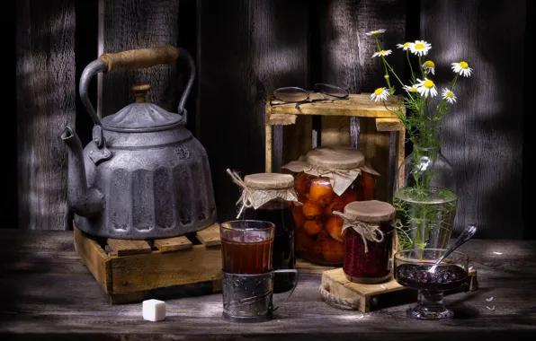 Flowers, tea, chamomile, kettle, glasses, spoon, the tea party, sugar
