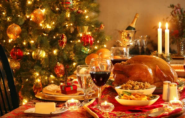 Lights, table, gift, wine, tree, candles, New year, decoration
