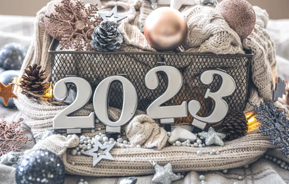 Balls, snowflakes, silver, Christmas, figures, New year, basket, stars