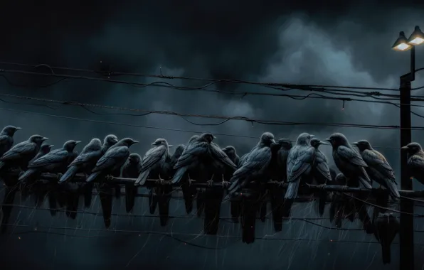 Birds, night, clouds, darkness, wire, pack, art, lights
