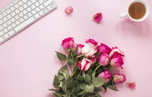 Tea, roses, bouquet, Cup, keyboard