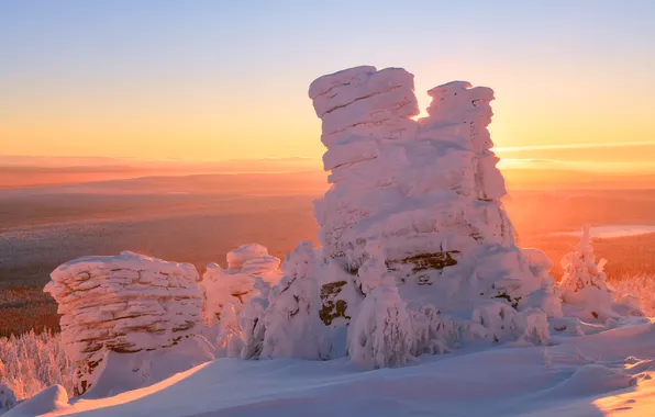 Ice, rocks, snow, sunrise, frozen