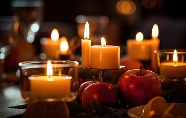 Night, table, fire, flame, apples, candles, red, bokeh