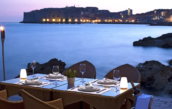 Picture sea, the city, table, wine, shore, the evening, dinner