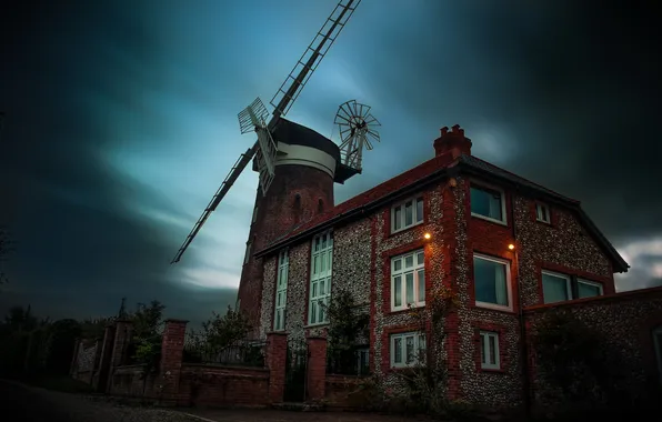 The sky, clouds, house, the fence, Europe, lights, bricks, town