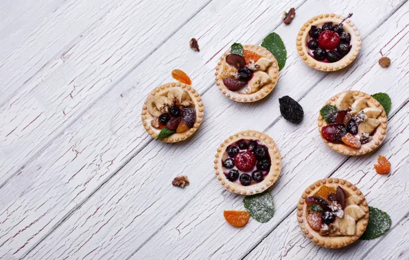 Fruit, wood, cakes, sweet, nuts, fruits, greenery, tartlets