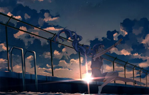 The sky, girl, the sun, clouds, sunset, the fence, anime, pool